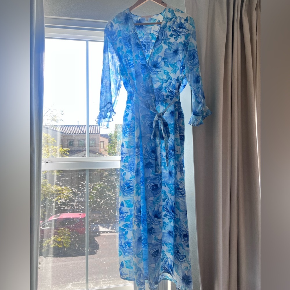 Oscar de la Renta Blue Floral 3/4 Sleeve intimate rope maxi